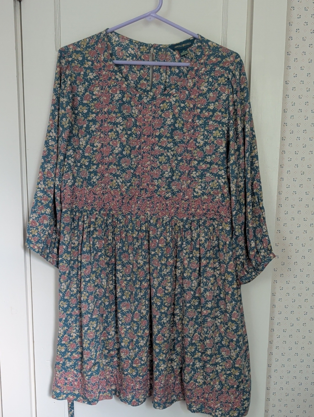 April Cornell M Dress Teal Embroidery Floral Tunic Dusty Pink Tie Prairie Fairy